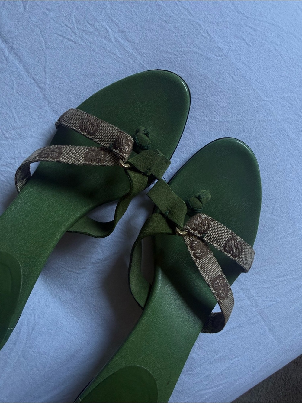Gucci Tom Ford era Green/Brown GG Canvas with Suede mules/sandals on kitten heel - Picture 15 of 16